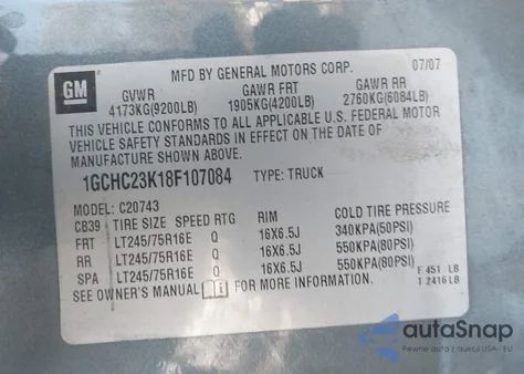 2008 Chevrolet Silverado 2500Hd Lt1 from USA, damaged, VIN 1GCHC23K18F107084